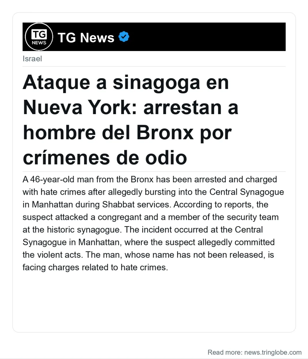 Ataque a sinagoga en Nueva York: arrestan a hombre del Bronx por crímenes de odio