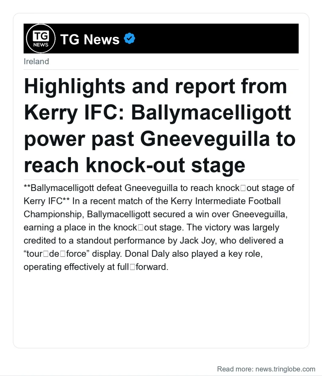 Highlights and report from Kerry IFC: Ballymacelligott power past Gneeveguilla to reach knock-out stage