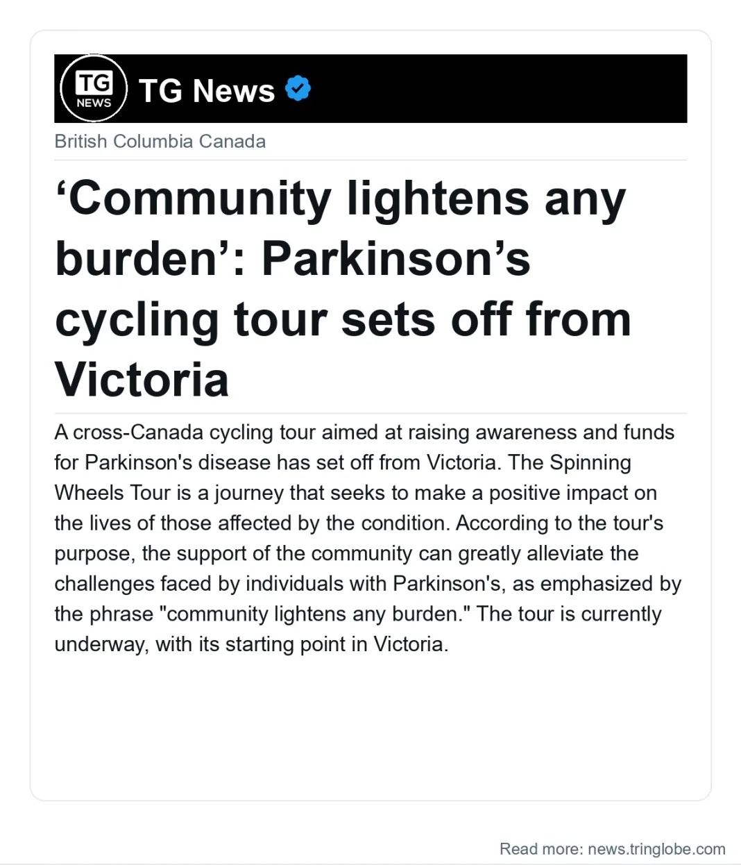 ‘Community lightens any burden’: Parkinson’s cycling tour sets off from Victoria