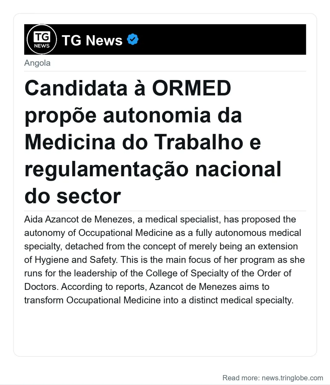 Candidata à ORMED propõe autonomia da Medicina do Trabalho e regulamentação nacional do sector