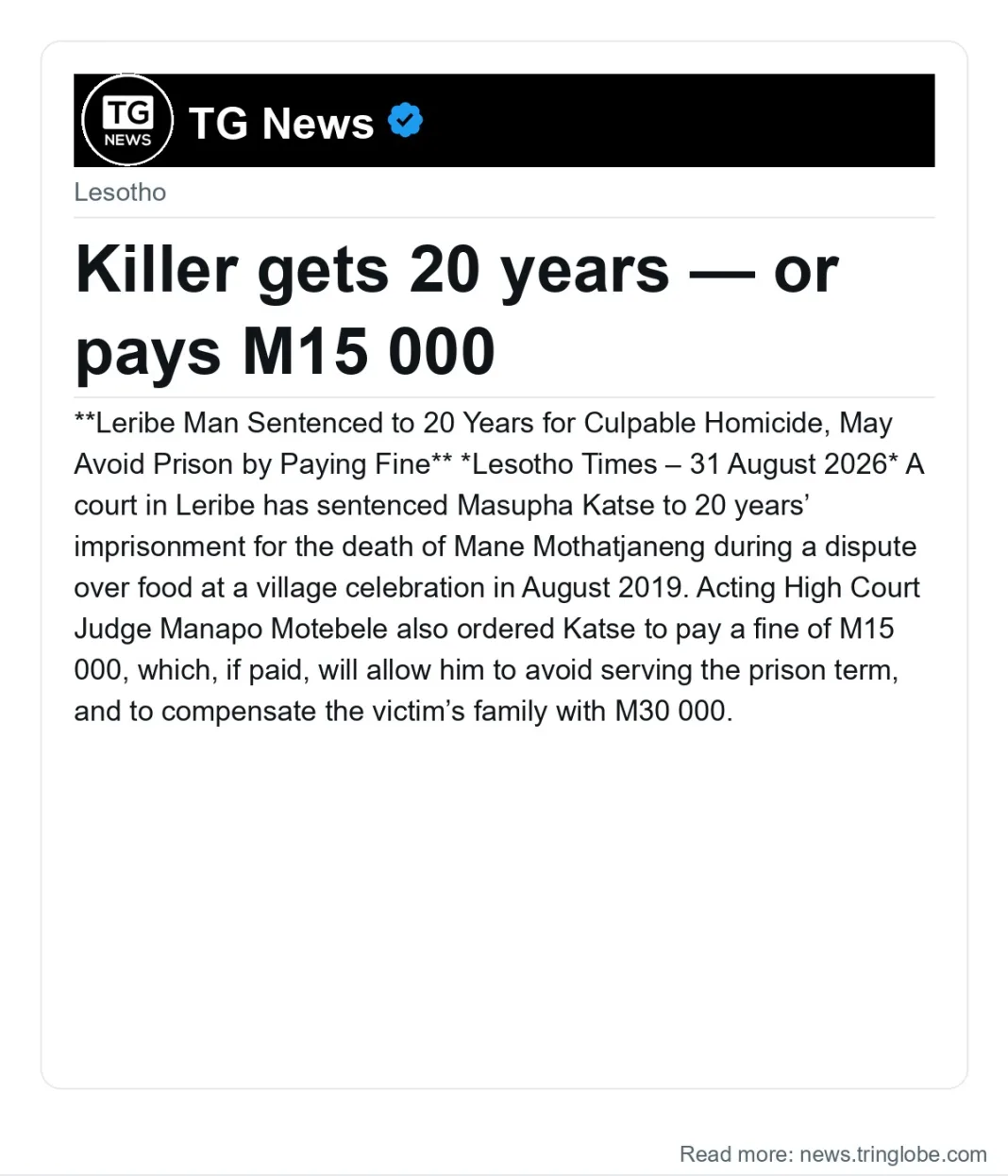 Killer gets 20 years — or pays M15 000