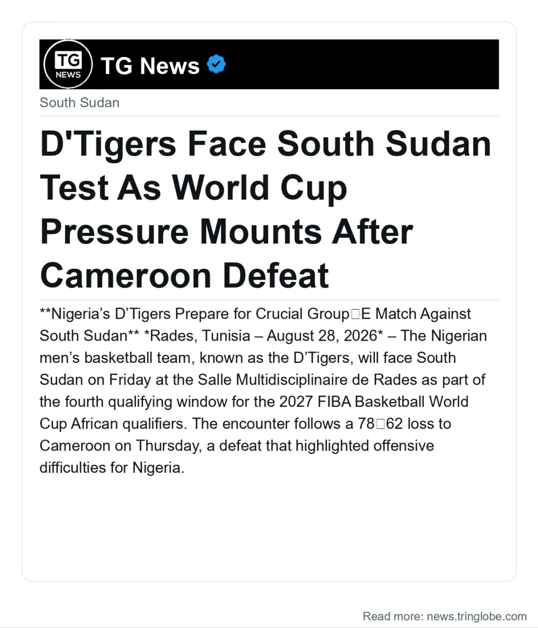 D’Tigers Face South Sudan Test As World Cup Pressure Mounts After Cameroon Defeat