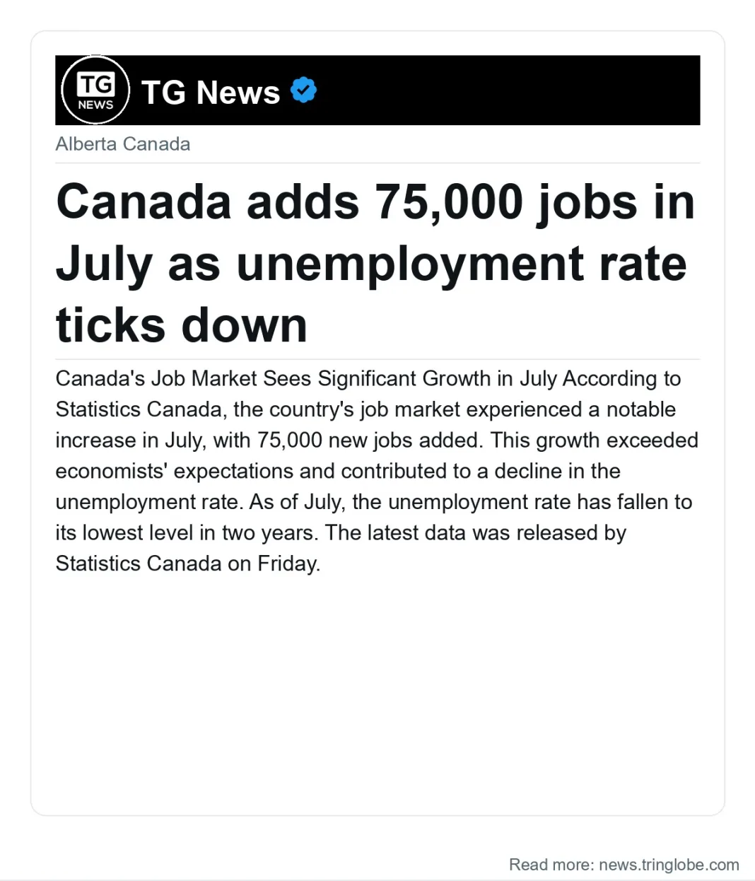 Canada adds 75,000 jobs in July as unemployment rate ticks down