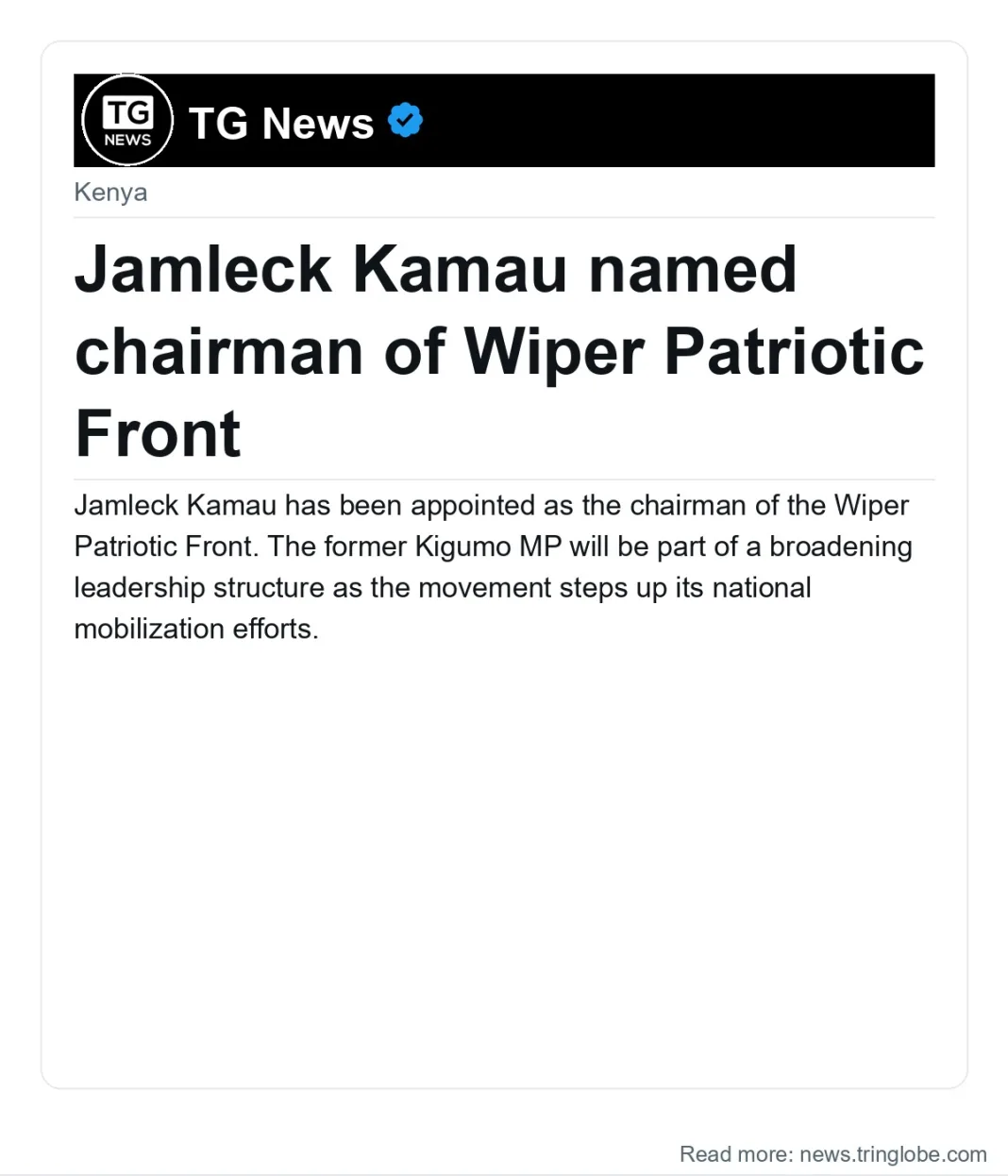 Jamleck Kamau named chairman of Wiper Patriotic Front