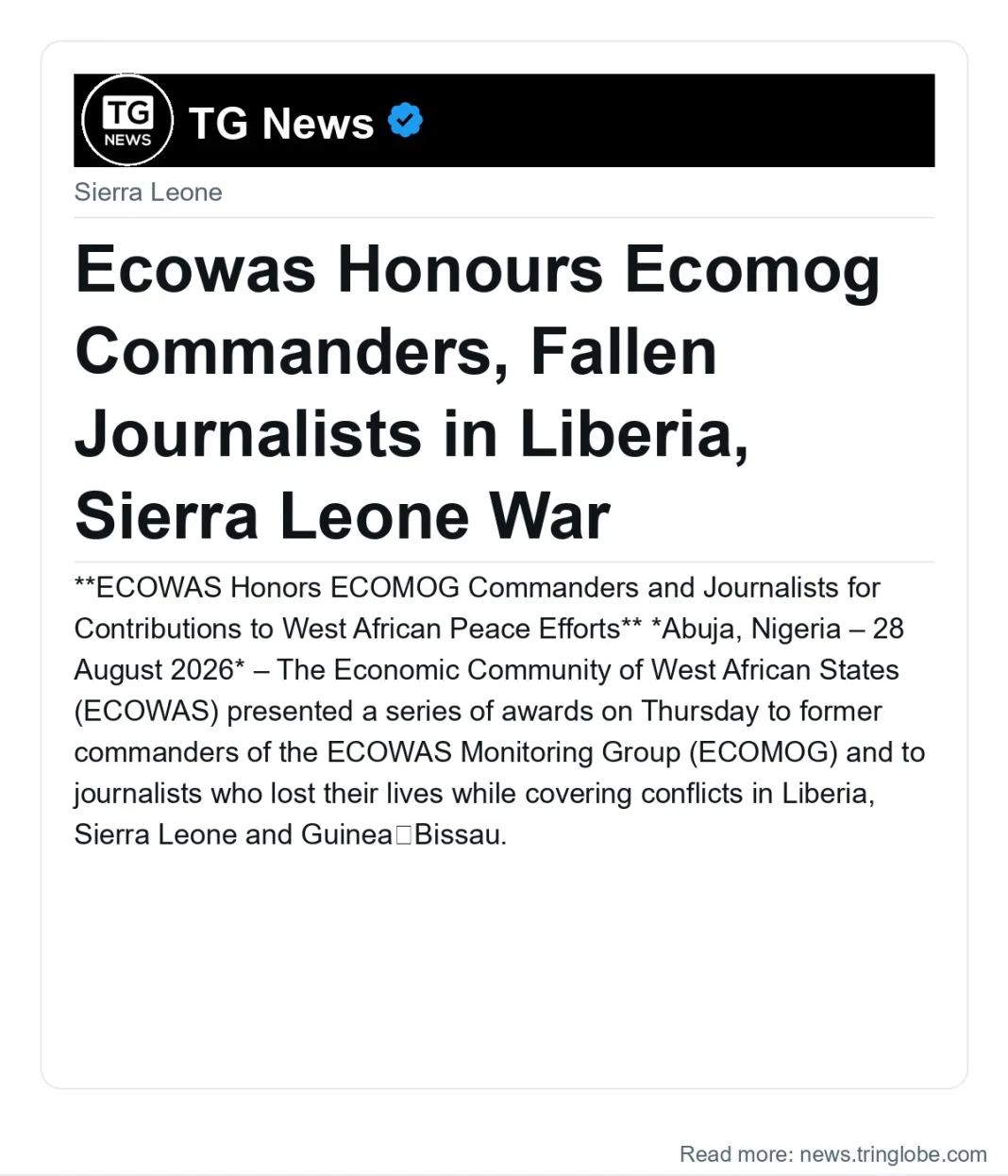 Ecowas Honours Ecomog Commanders, Fallen Journalists in Liberia, Sierra Leone War