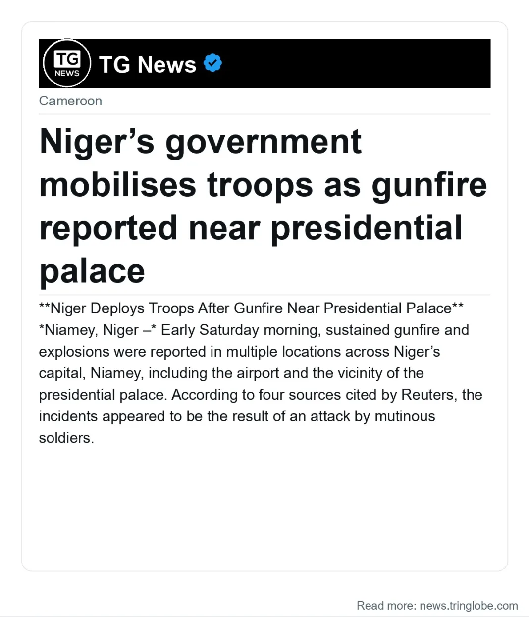 Niger’s government mobilises troops as gunfire reported near presidential palace