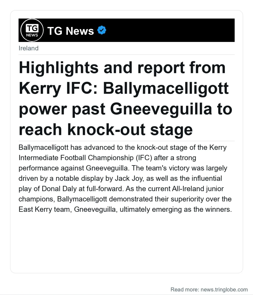 Highlights and report from Kerry IFC: Ballymacelligott power past Gneeveguilla to reach knock-out stage