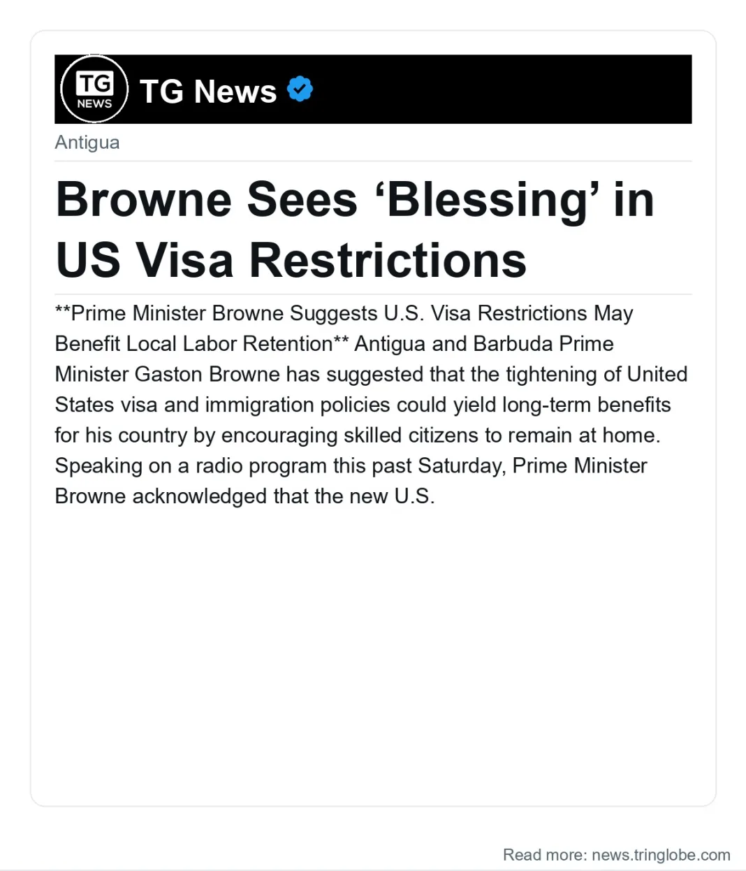 Browne Sees ‘Blessing’ in US Visa Restrictions