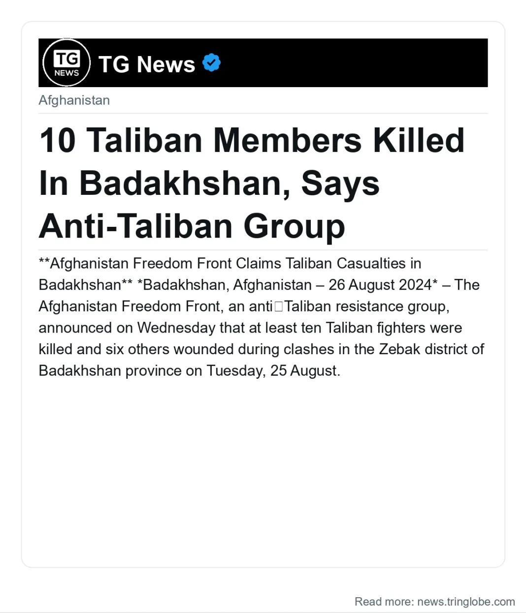 10 Taliban Members Killed In Badakhshan, Says Anti-Taliban Group