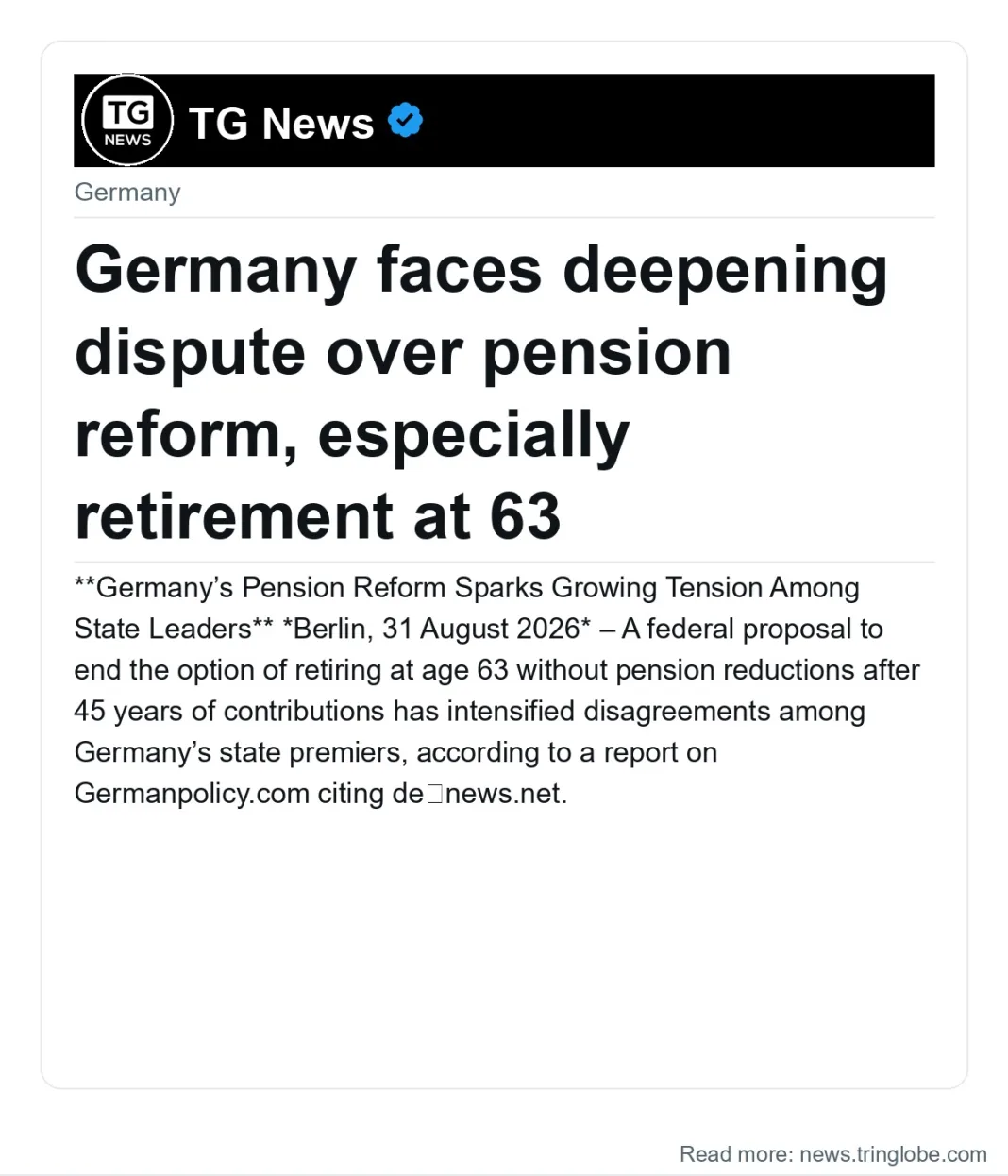 Germany faces deepening dispute over pension reform, especially retirement at 63