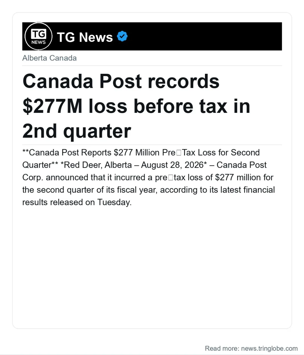 Canada Post records $277M loss before tax in 2nd quarter