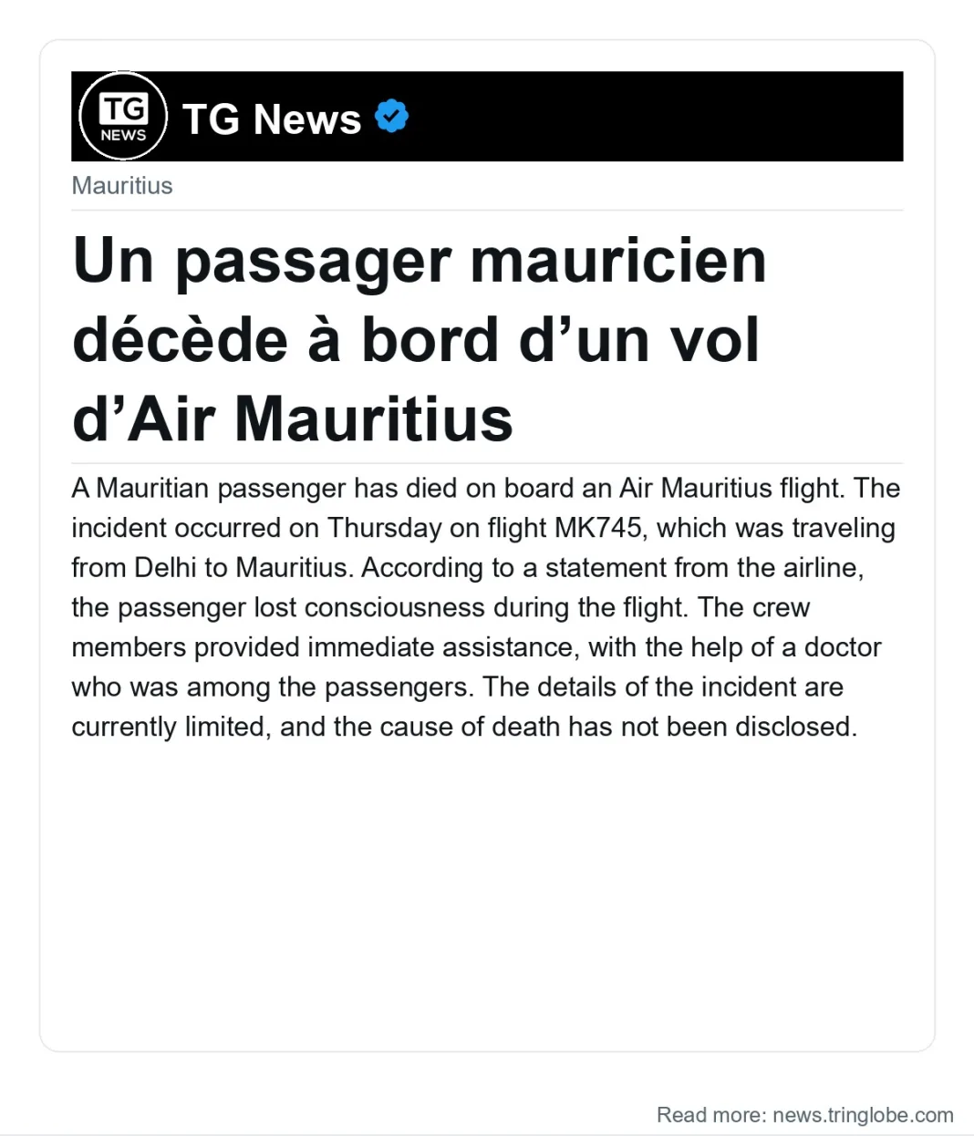 Un passager mauricien décède à bord d’un vol d’Air Mauritius