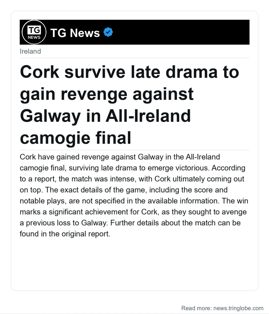 Cork survive late drama to gain revenge against Galway in All-Ireland camogie final