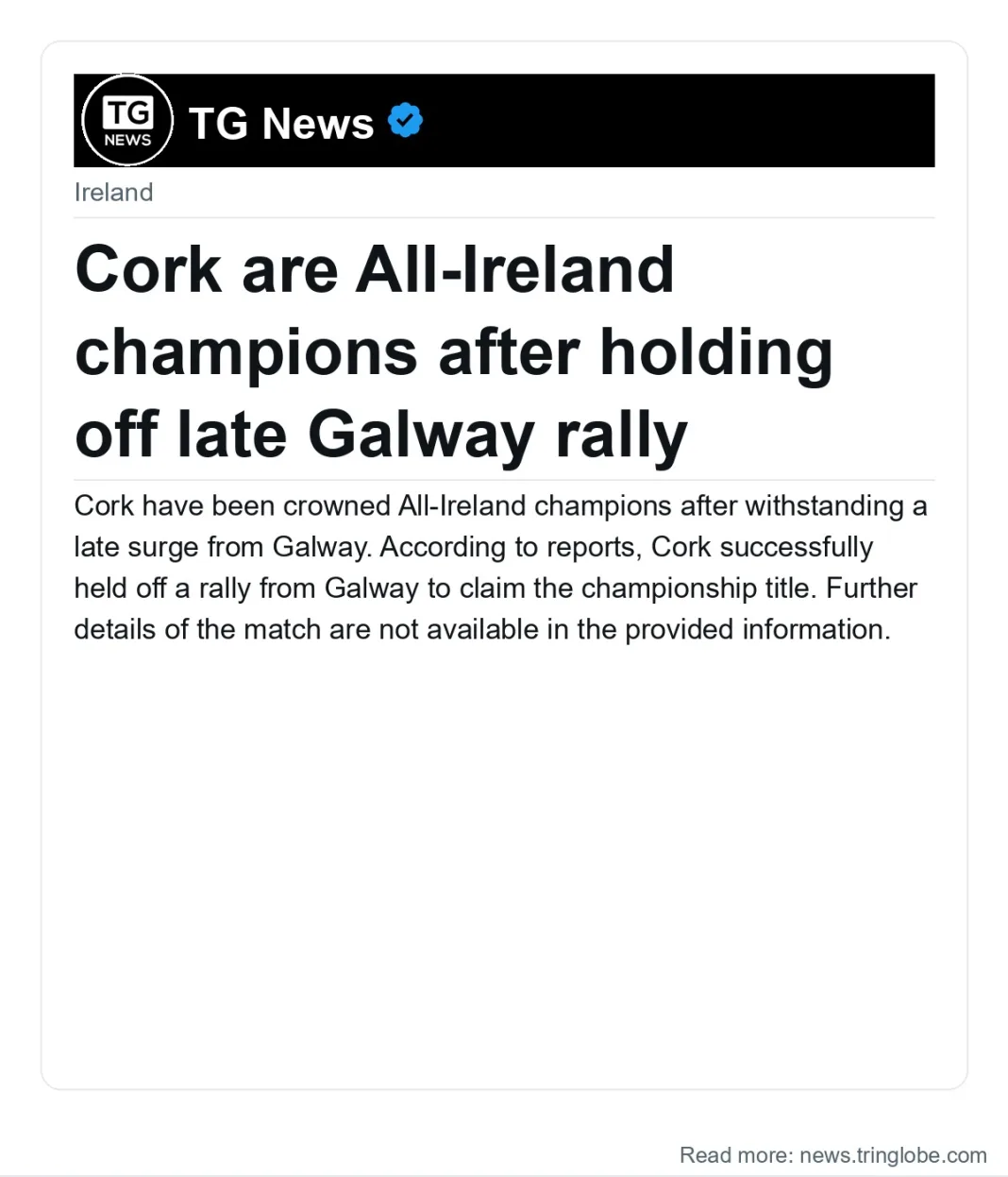 Cork are All-Ireland champions after holding off late Galway rally
