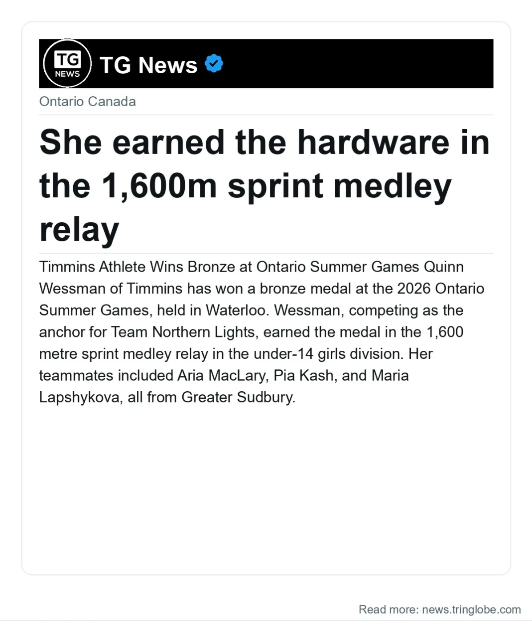 She earned the hardware in the 1,600m sprint medley relay