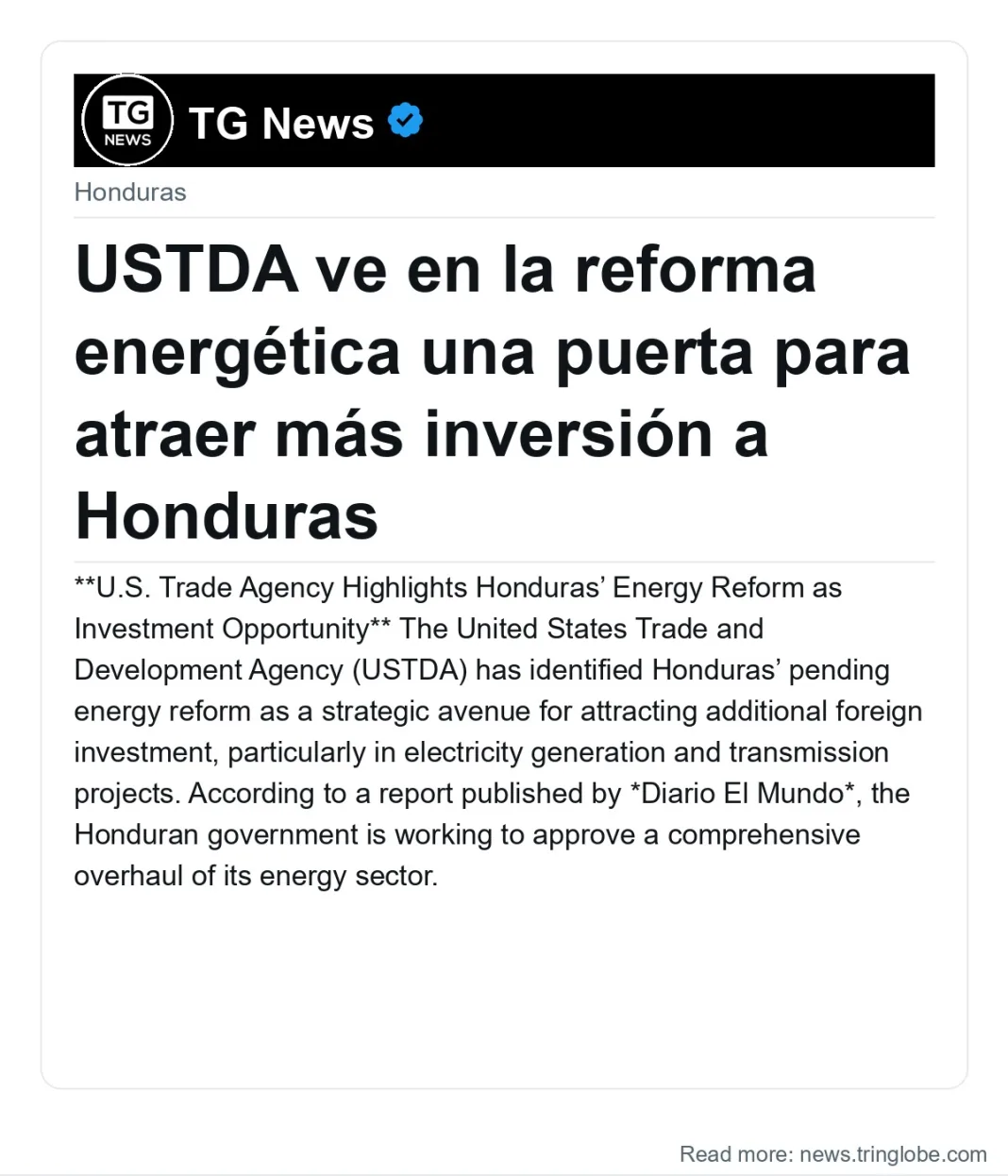 USTDA ve en la reforma energética una puerta para atraer más inversión a Honduras