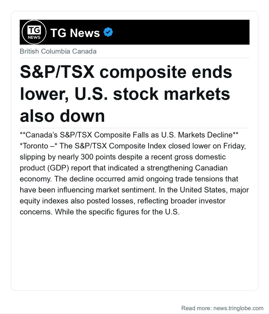 S&P/TSX composite ends lower, U.S. stock markets also down