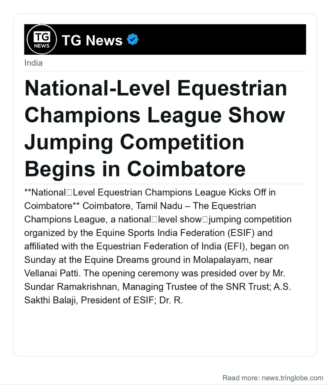 National-Level Equestrian Champions League Show Jumping Competition Begins in Coimbatore