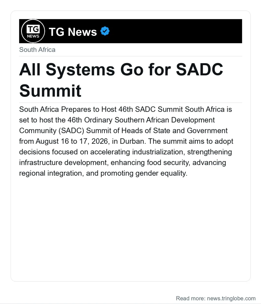 All Systems Go for SADC Summit