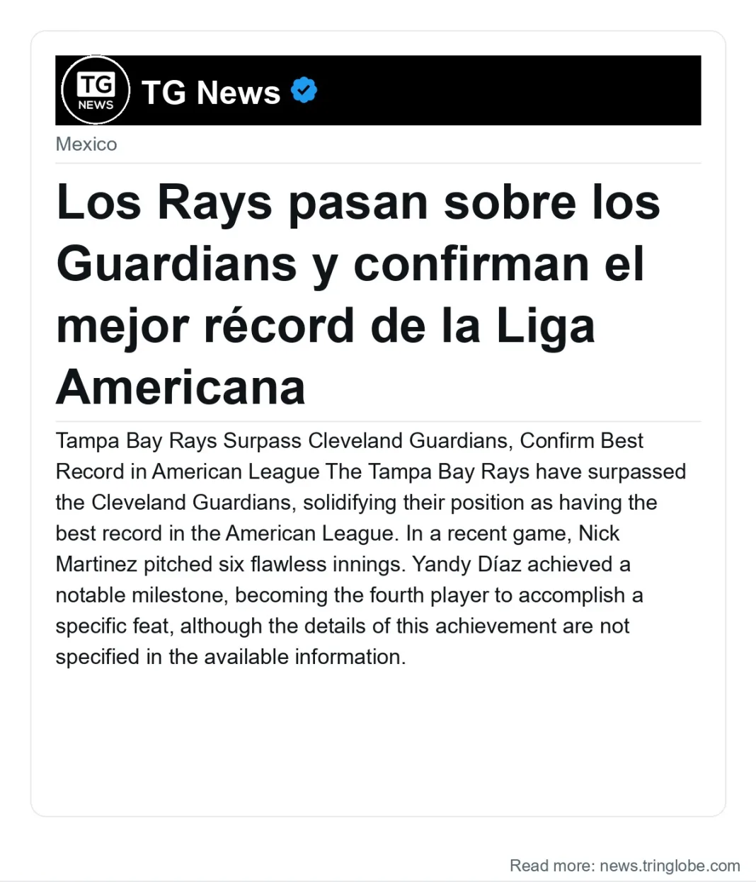 Los Rays pasan sobre los Guardians y confirman el mejor récord de la Liga Americana