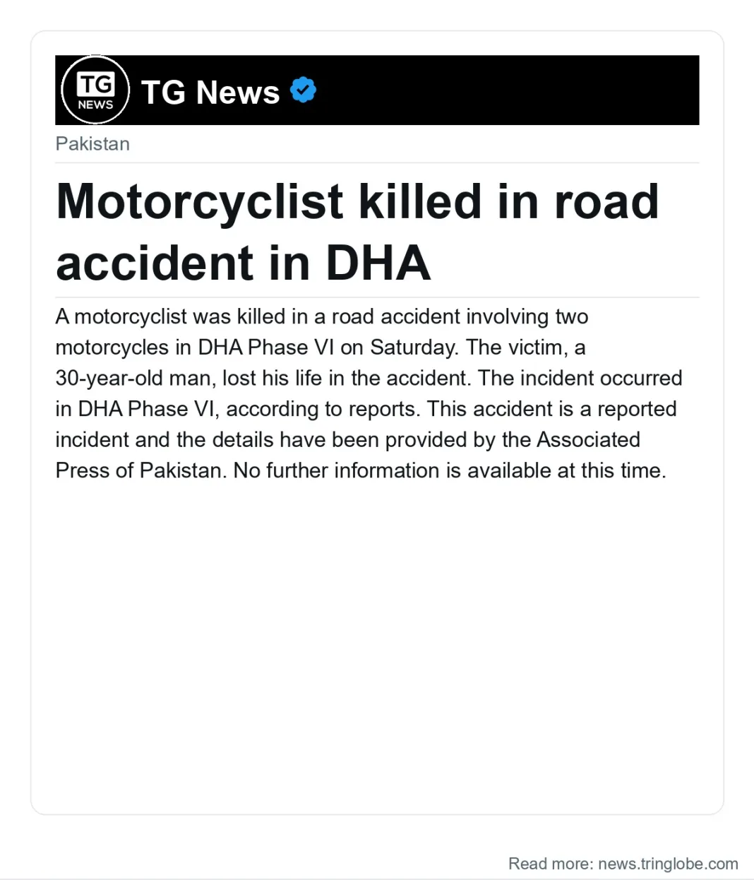 Motorcyclist killed in road accident in DHA