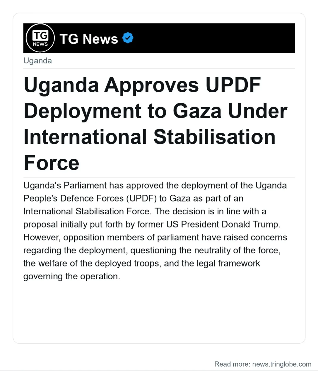 Uganda Approves UPDF Deployment to Gaza Under International Stabilisation Force