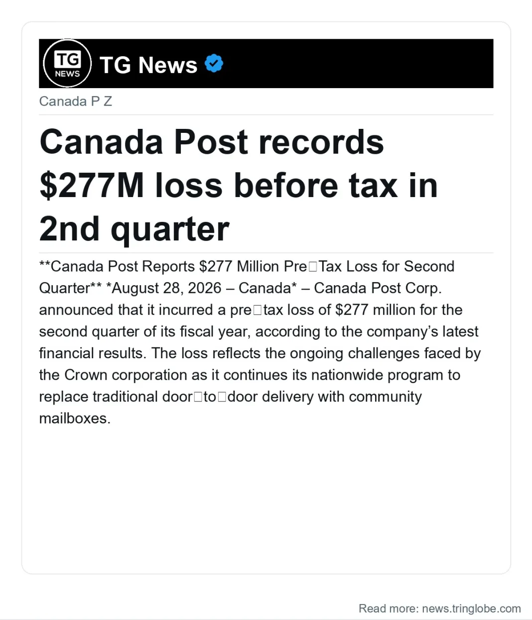 Canada Post records $277M loss before tax in 2nd quarter