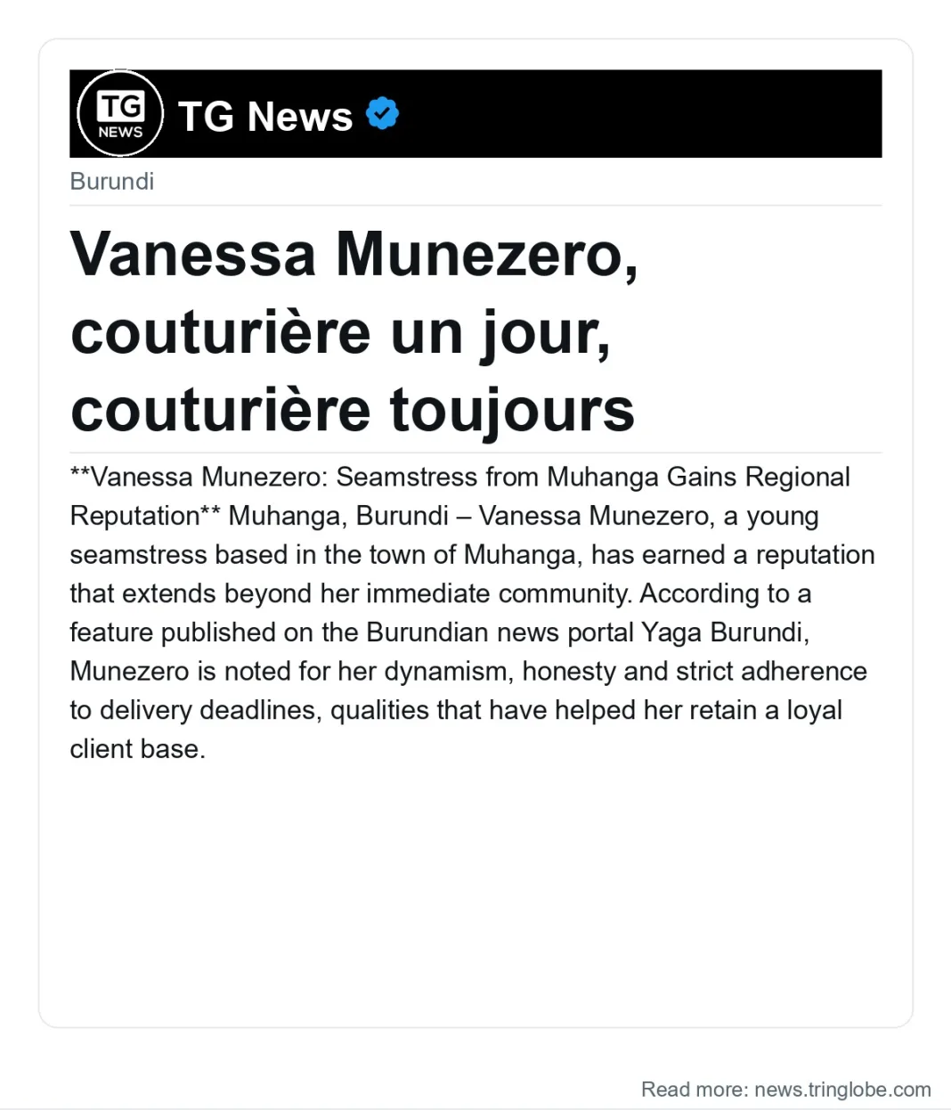 Vanessa Munezero, couturière un jour, couturière toujours