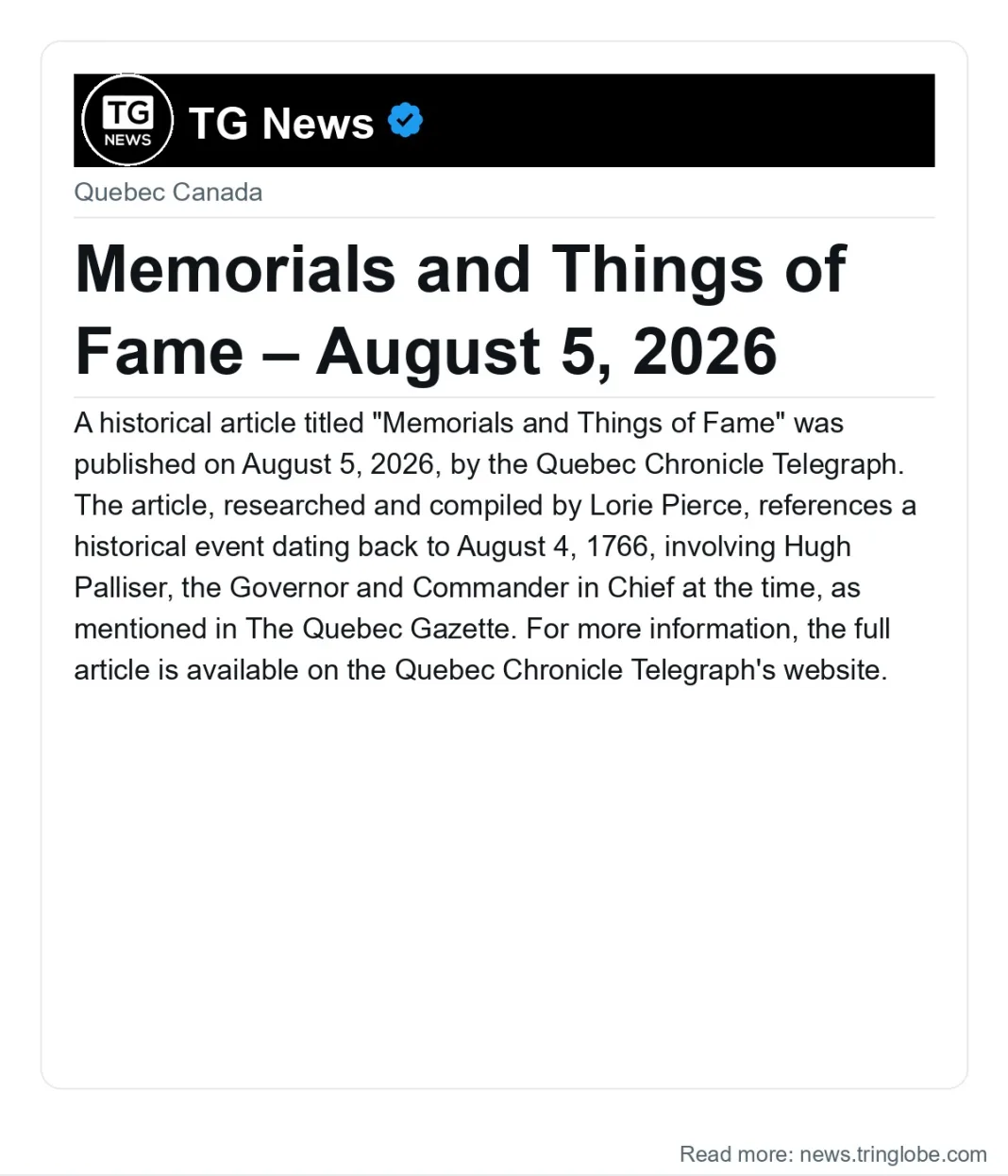Memorials and Things of Fame – August 5, 2026