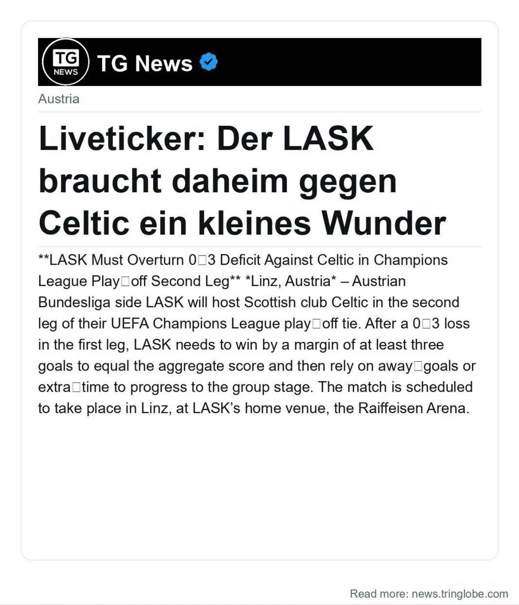 Liveticker: Der LASK braucht daheim gegen Celtic ein kleines Wunder