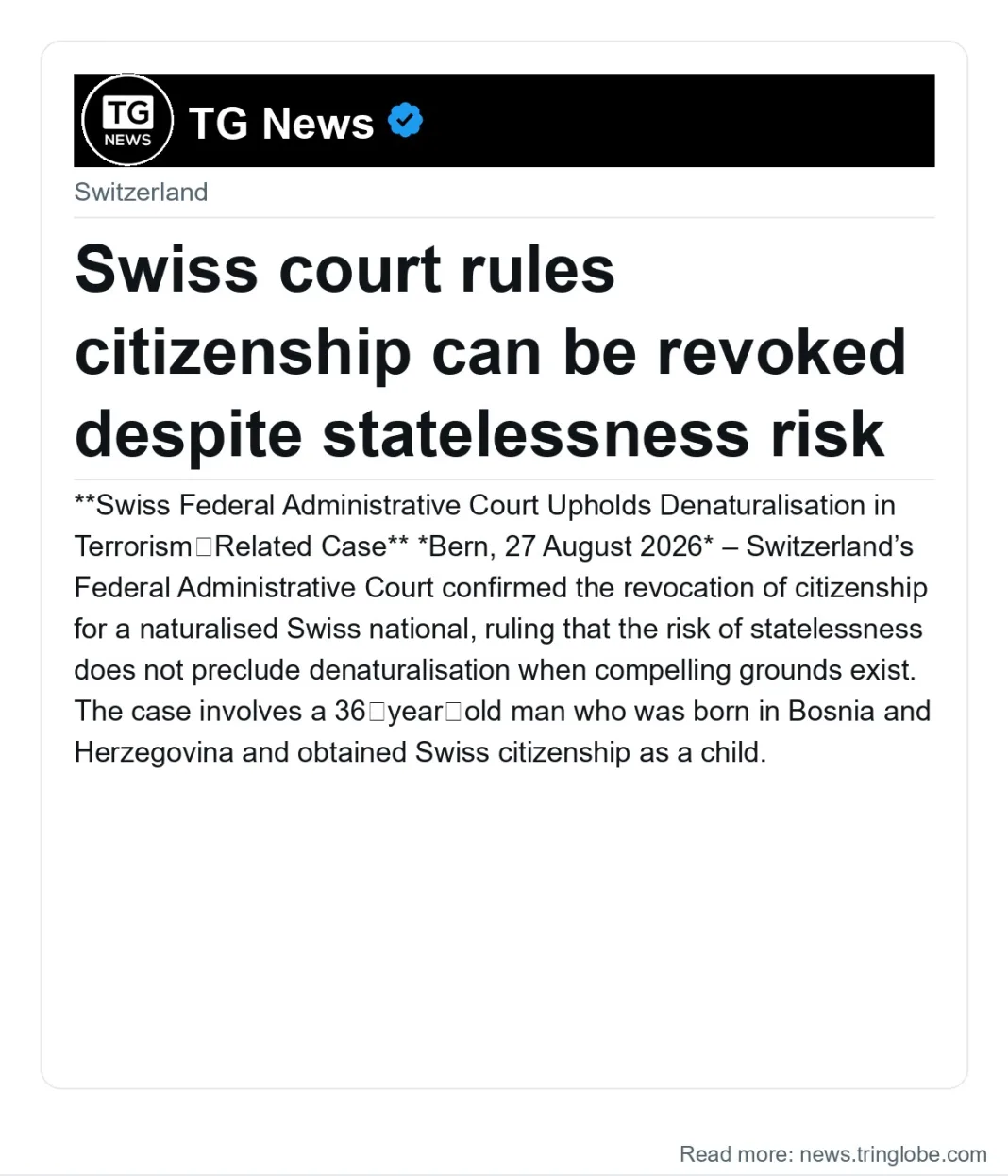 Swiss court rules citizenship can be revoked despite statelessness risk