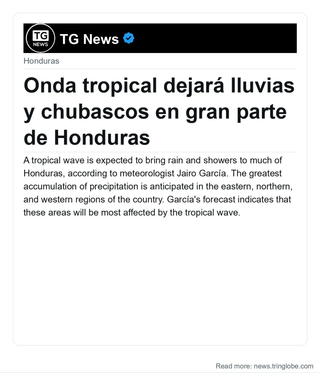 Onda tropical dejará lluvias y chubascos en gran parte de Honduras