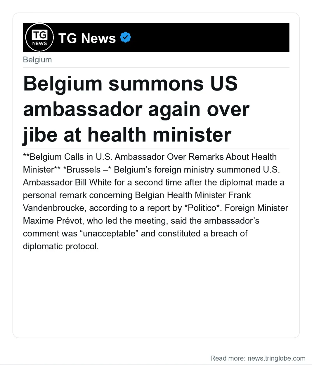 Belgium summons US ambassador again over jibe at health minister