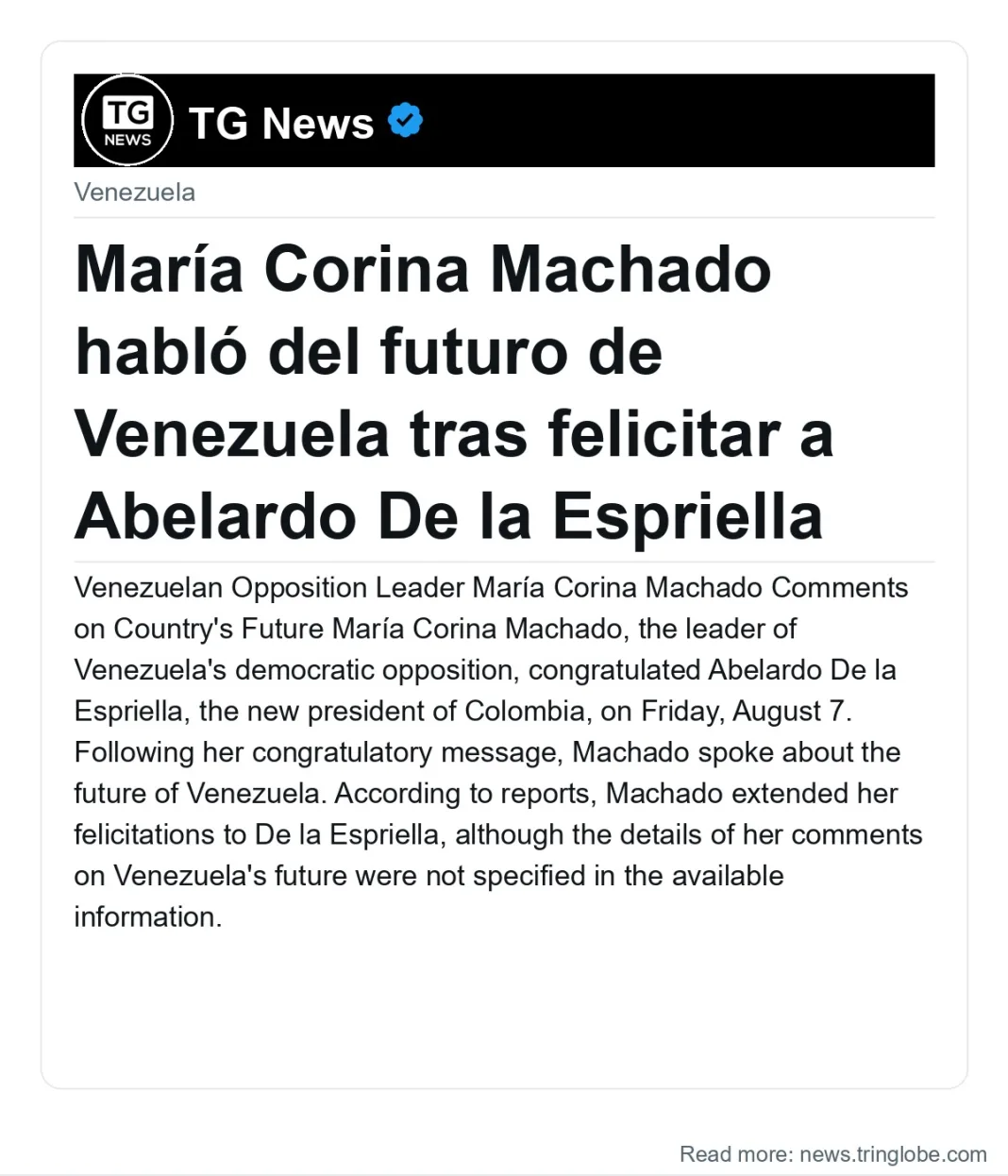 María Corina Machado habló del futuro de Venezuela tras felicitar a Abelardo De la Espriella