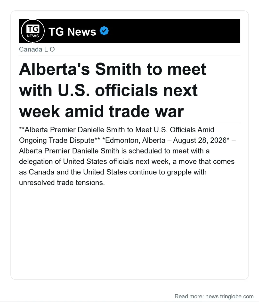 Alberta’s Smith to meet with U.S. officials next week amid trade war