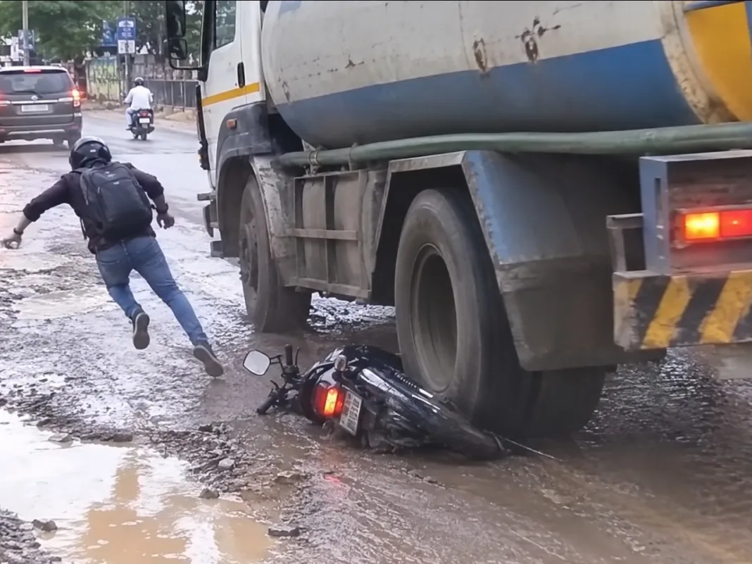Biker Jumps Clear Seconds Before Tanker Crushes Motorcycle on India Road