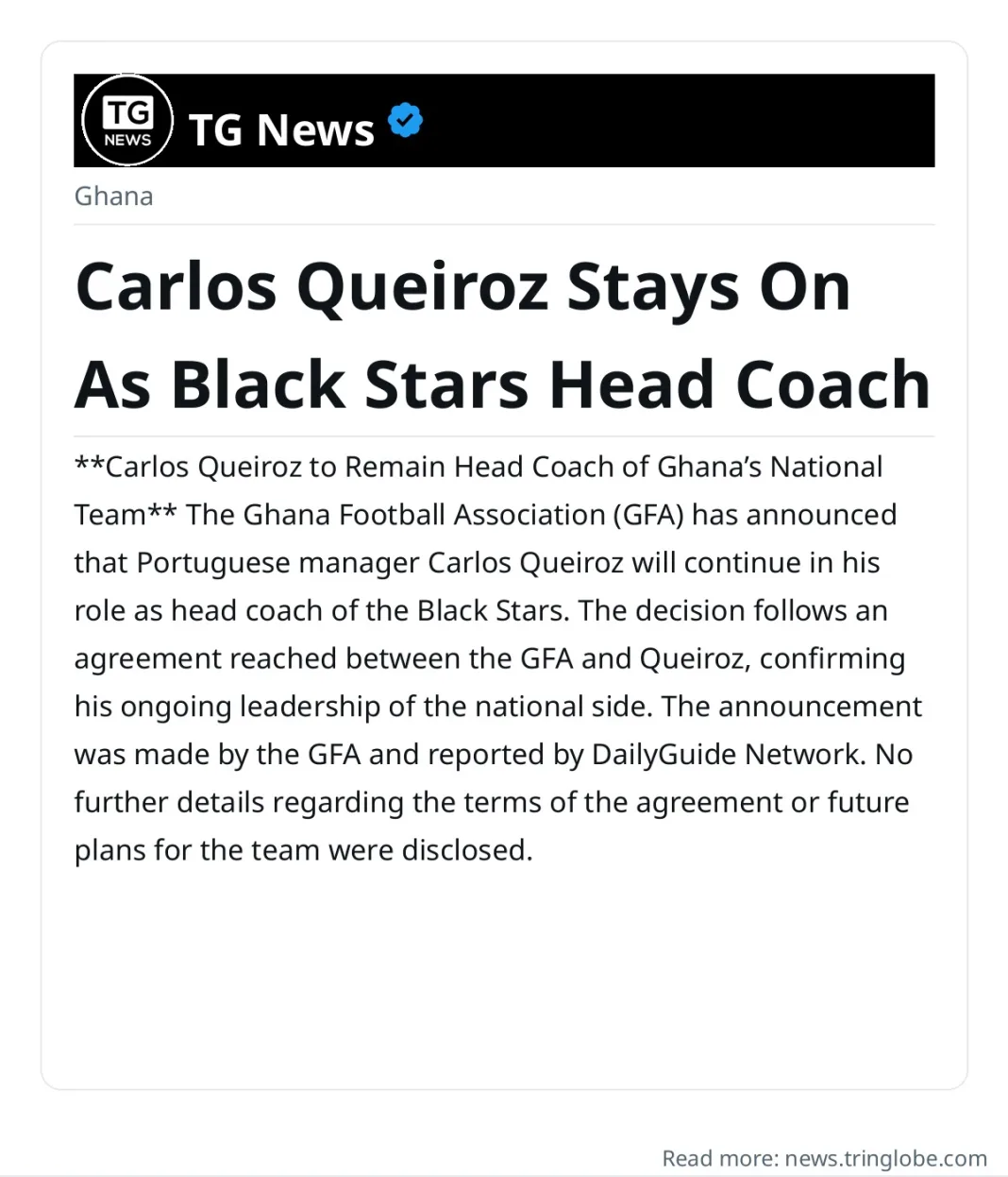 Carlos Queiroz Stays On As Black Stars Head Coach