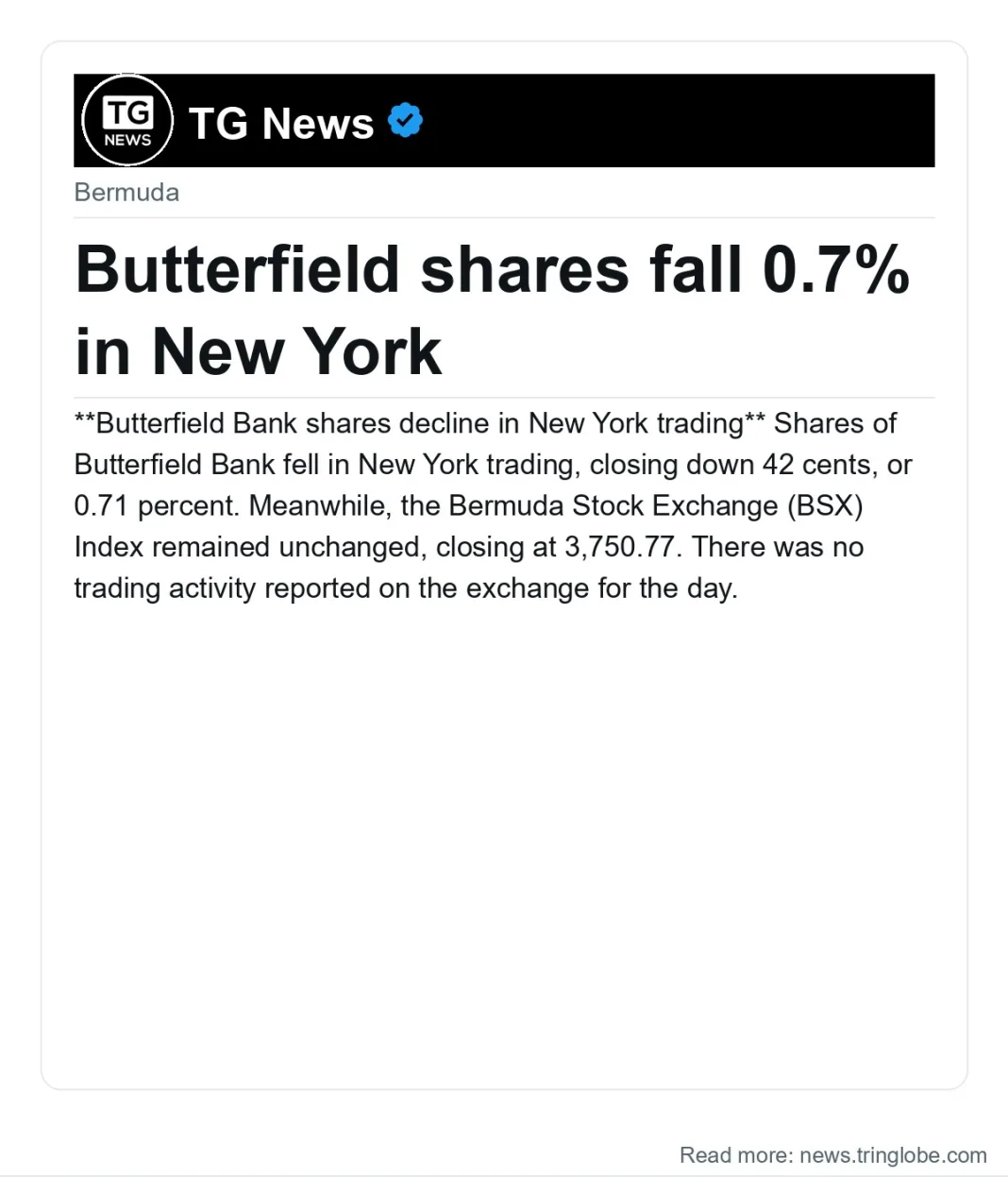 Butterfield shares fall 0.7% in New York