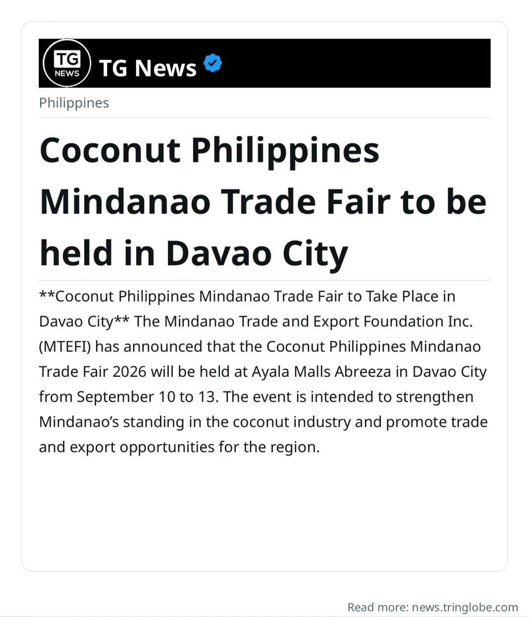 Coconut Philippines Mindanao Trade Fair to be held in Davao City