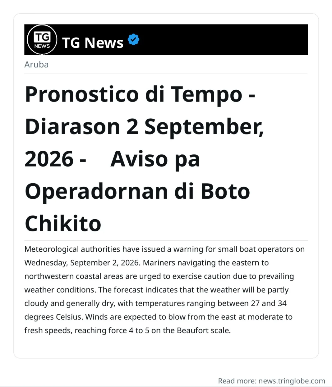 Pronostico di Tempo — Diarason 2 September, 2026 — ⚠️ Aviso pa Operadornan di Boto Chikito