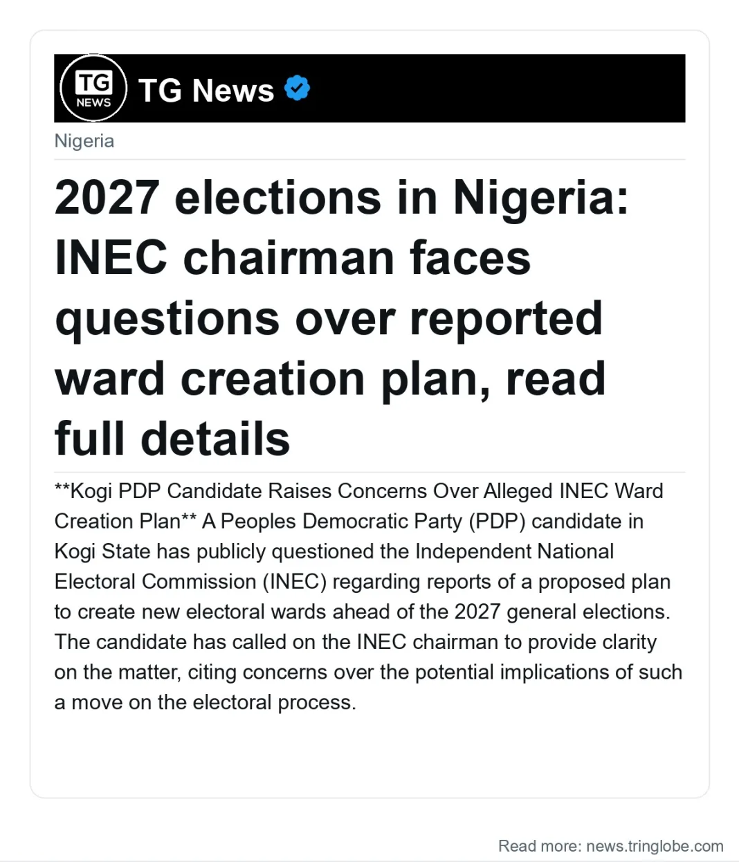 2027 elections in Nigeria: INEC chairman faces questions over reported ward creation plan, read full details
