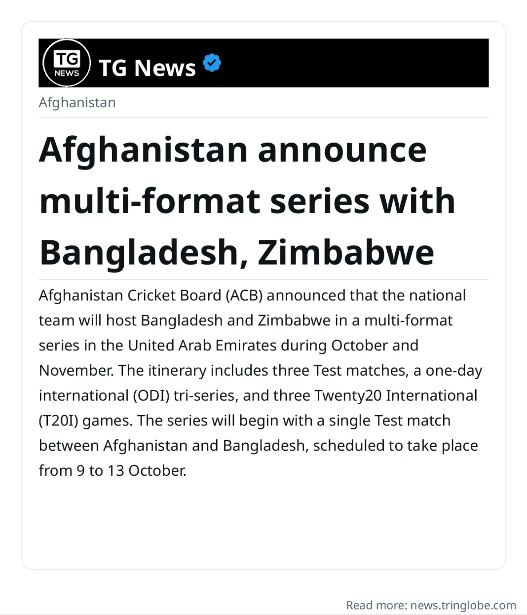 Afghanistan announce multi-format series with Bangladesh, Zimbabwe