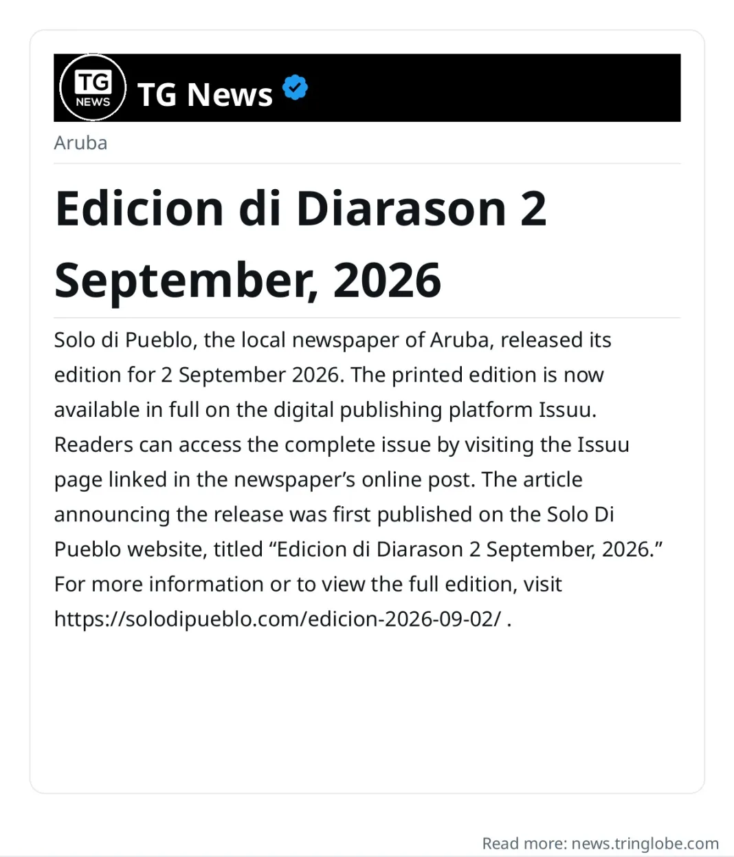 Edicion di Diarason 2 September, 2026