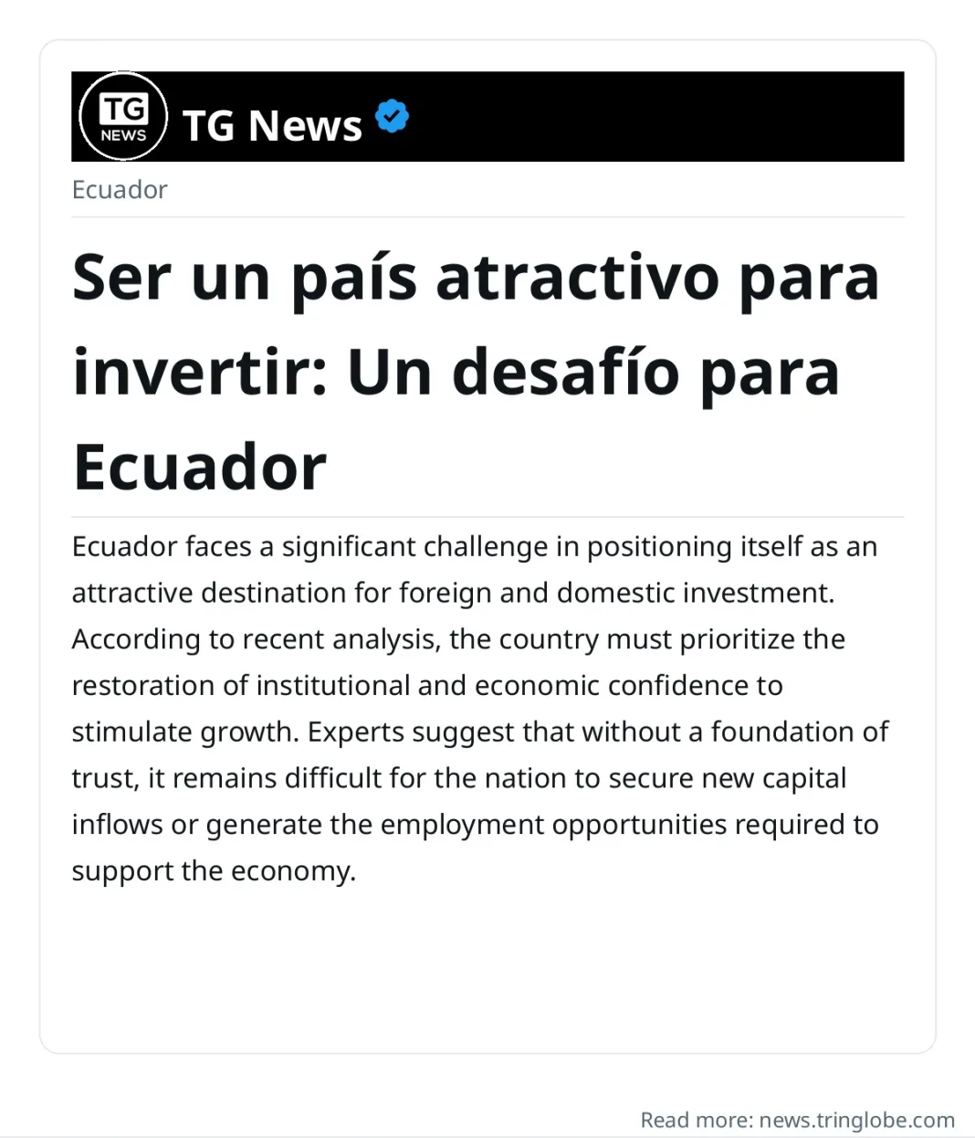 Ser un país atractivo para invertir: Un desafío para Ecuador