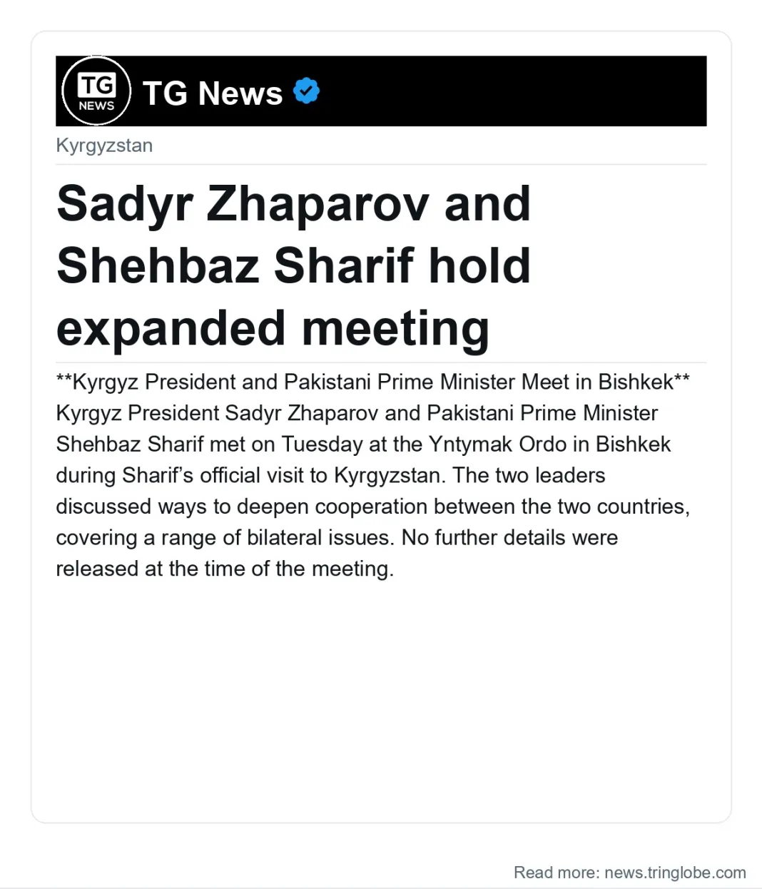 Sadyr Zhaparov and Shehbaz Sharif hold expanded meeting