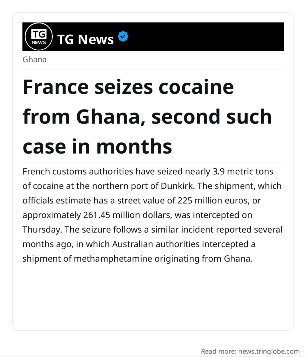 France seizes cocaine from Ghana, second such case in months