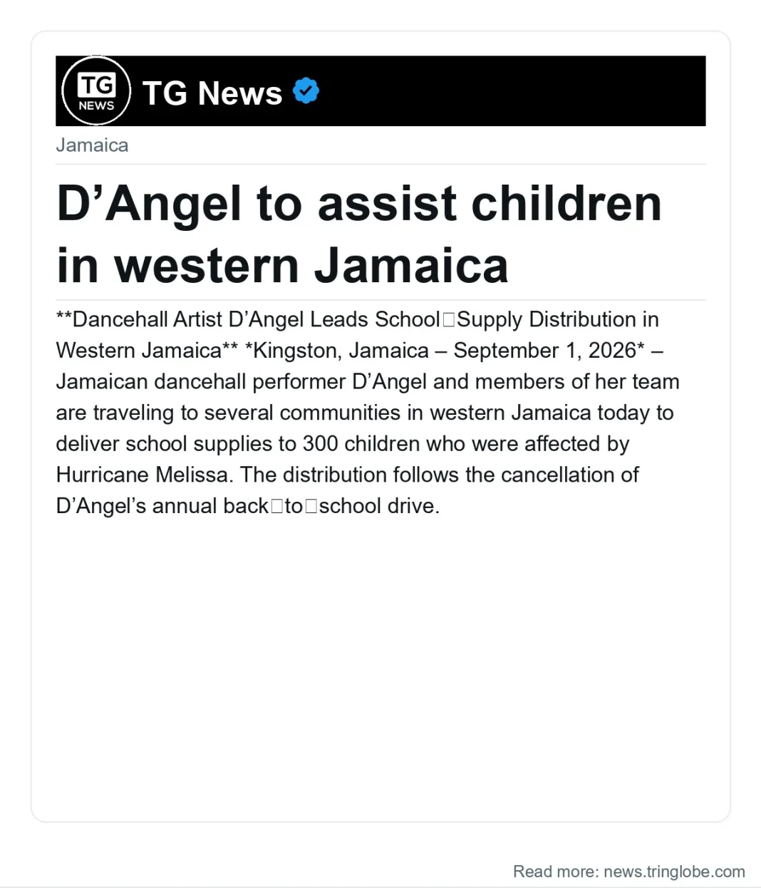 D’Angel to assist children in western Jamaica