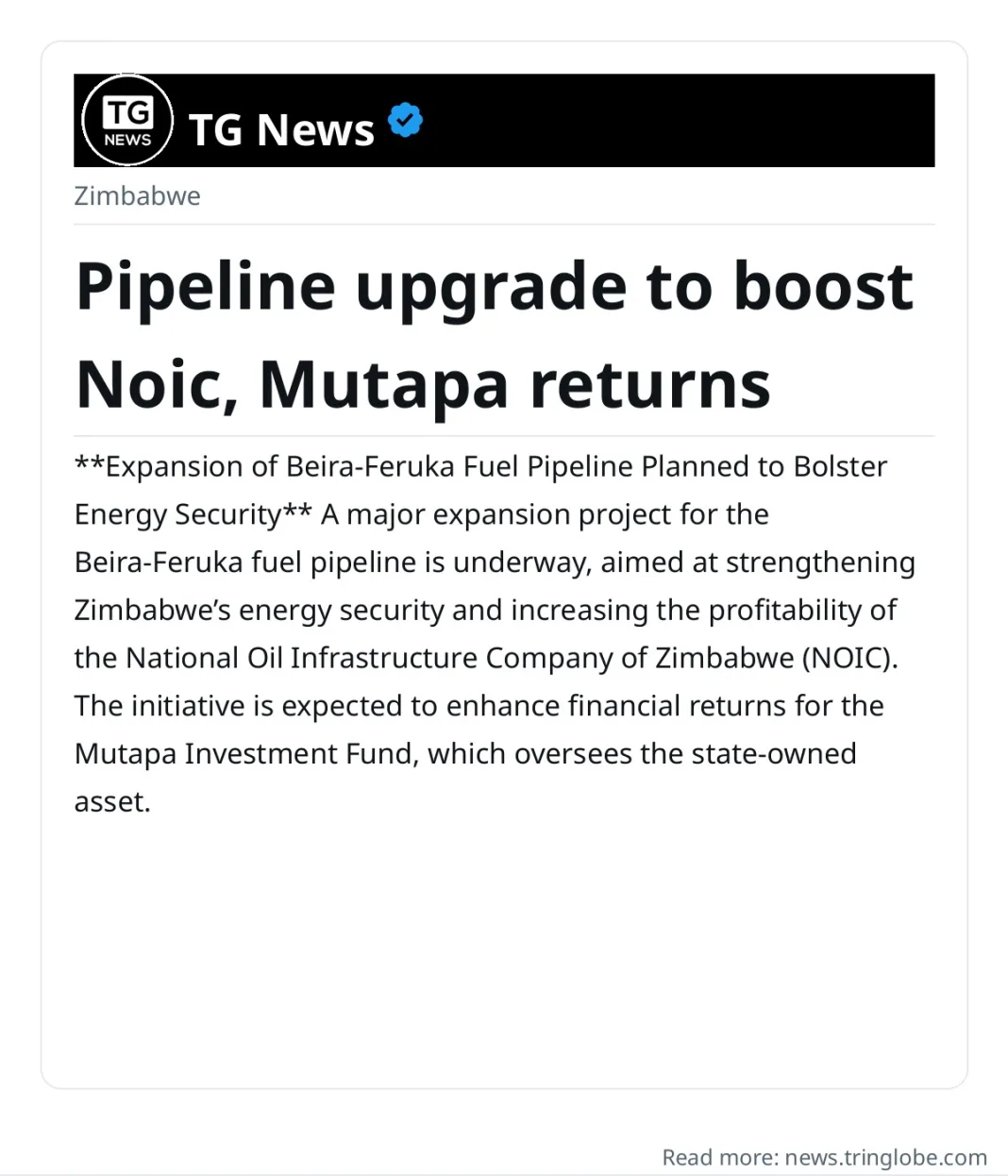 Pipeline upgrade to boost Noic, Mutapa returns