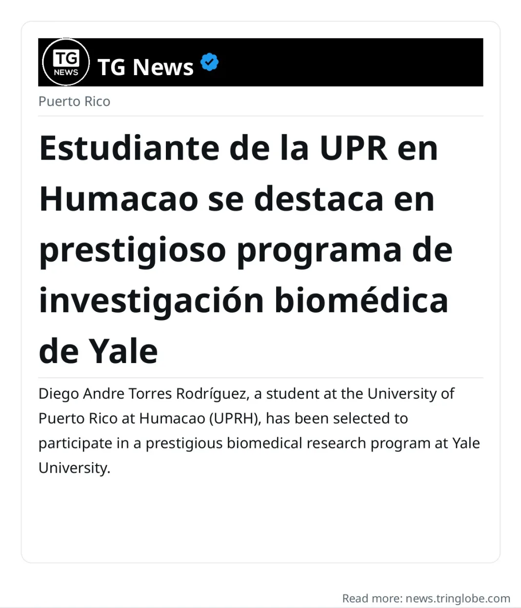 Estudiante de la UPR en Humacao se destaca en prestigioso programa de investigación biomédica de Yale