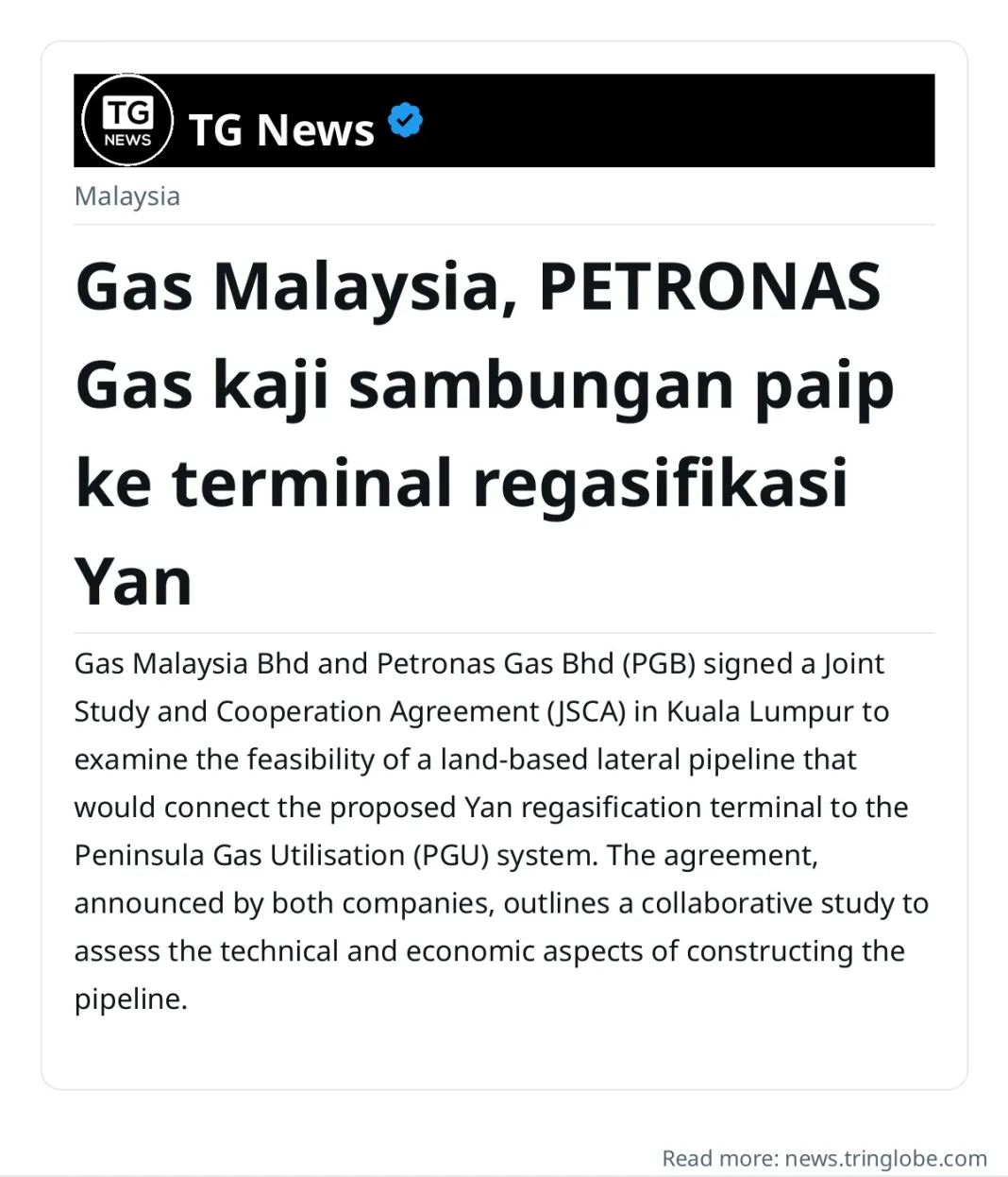 Gas Malaysia, PETRONAS Gas kaji sambungan paip ke terminal regasifikasi Yan